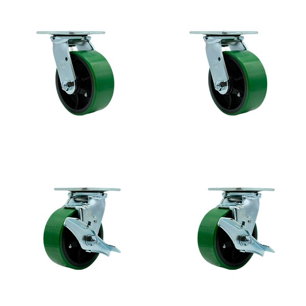 Service Caster 5 Inch Green Poly on Cast Iron Swivel Caster Set with Roller Bearing 2 Brake SCC SCC-30CS520-PUR-GB-2-TLB-2 - main
